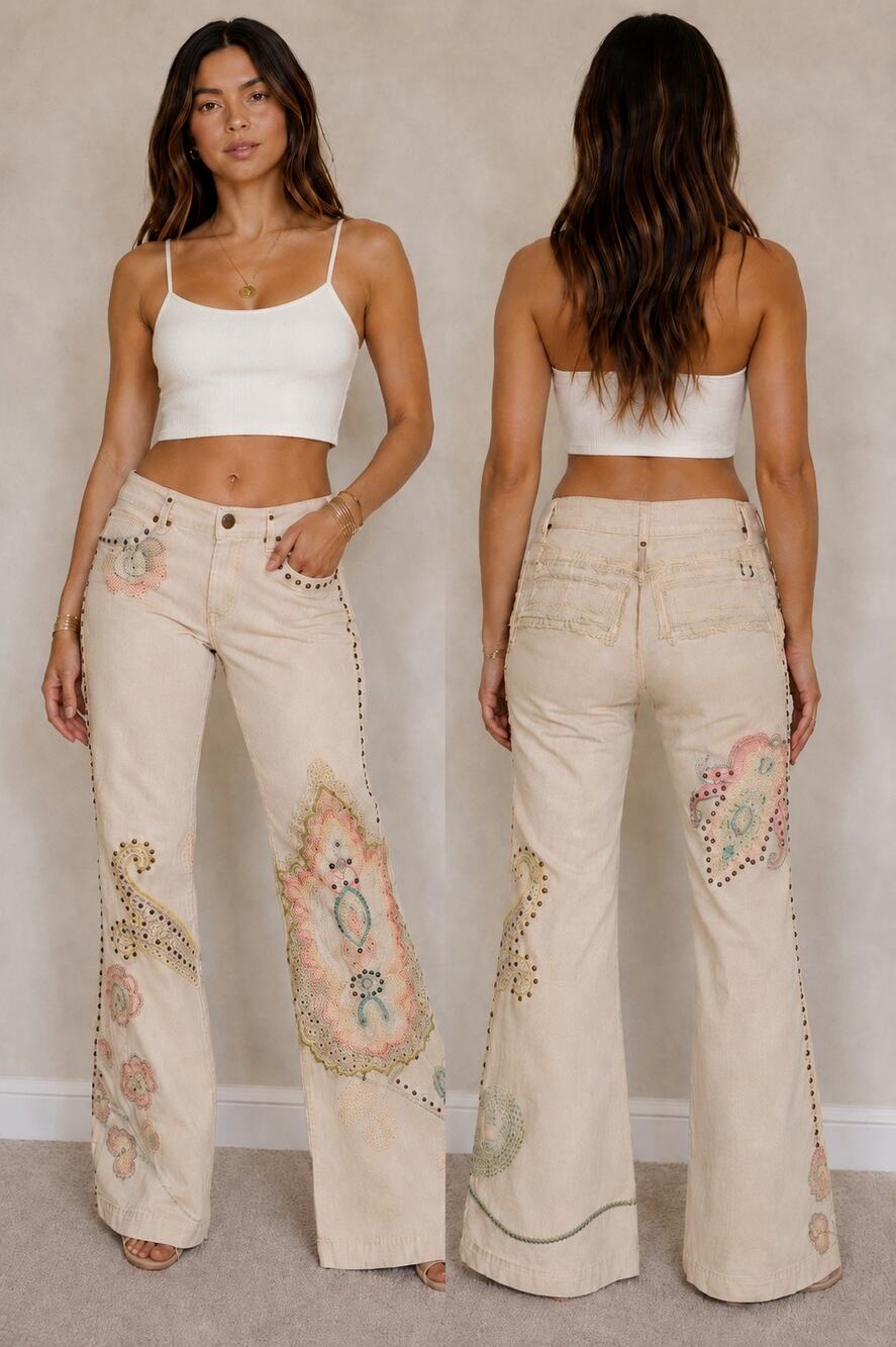 Y2K Boho Embroidered Crochet Studded Wide Leg Pants Ivory Cream Size 8 (32x34)
